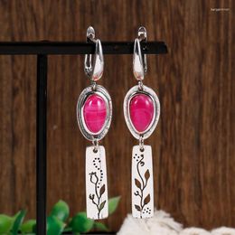 Dangle Earrings Ethnic Oval Inlaid Red Stone Women Vintage Metal Silver Color Hand Carved Plants Patterns Hanging