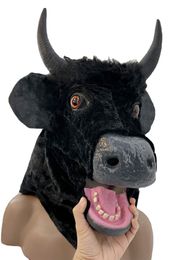 Party Masks Halloween Mask Realistic Mouth Mover Cow - Creepy Moving Bull Fursuit Animal Head Rubber Latex Masque -Up Costume Party Cosplay 230905