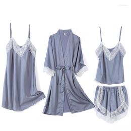 Women's Sleepwear 4PCS Pyjamas Set Womens V-Neck Negligee Sleep Wear Pijama Home Nightie Sexy Long Sleeve Bathrobe Spring Robe Gown Suit