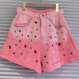 Women's Shorts Shiny Rhinestone Patchwork Personality Gradient Color Denim Female High Waist Wide Leg Jeans 2023 Summer