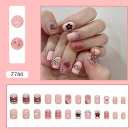 False Nails 24 Pieces Finger Diamonds Cool Girl Sweet Y2K Cute Smile Pink Glitter Full Cover Jelly Glue Wearable Press On