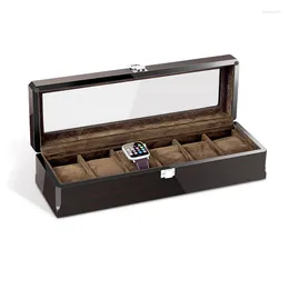 Watch Boxes 6 Slots Wooden Box Organizer For Men Storage Ebony Luxury Watches Display Glass Cabinet Woody Casket