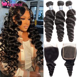 Synthetic Wigs Aopusi Bundel Gelombang Longgar dengan Penutup Jalinan Rambut Manusia Brasil Renda 3 4 Ekstensi 230905