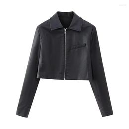 Women's Jackets 2023 Autumn Lapel Long Sleeve Faux Leather Cropped Jacket Coat PU Slim Black Motorcycle Suit