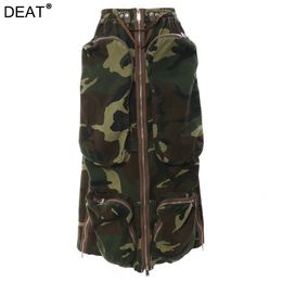 Skirts DEAT Fashion Women's Skirt High Waist Camouflage Three-dimensional Zipper Pocket Side Split Skirts Summer Tide17A6284 230906