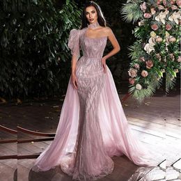 Elegant Prom Dress Detachable Train For Women One Shoulder Halter Mermaid Tassel Dubai Evening Costume Luxury Gowns