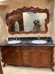 Bathroom Sink Faucets European Style Cabinet Red Oak Antique Solid Wood American Washstand Marble Wash Basin