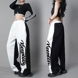 Womens Pants Capris American hip hop contrast stitched sports trousers womens high waist street dance loose casual drape straight dancing corset 230905