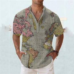 Men's Casual Shirts Vintage Maps T Shirt For Mens Short Sleeve V-neck Button Henley Oversized Tops Tees Male Summer Street Clothe