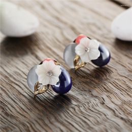 Stud Earrings Handmade Opal Stone Women Fashion Shell Flower Crystal Brincos Gold-color Leaf