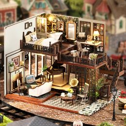 Doll House Accessories DIY Miniature Dollhouse Diorama Toys Kids Handmade Miniature Dollhouse Puzzle Model Mini House Battery Powered Kits for Children 230905