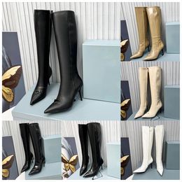 Monolith Re-Nylon Knee Boots Designer Triangle Boot Women Leather Martin Boots Pouch Battle Shoes Rubber Sole Winter Platform High-Heels Shoe