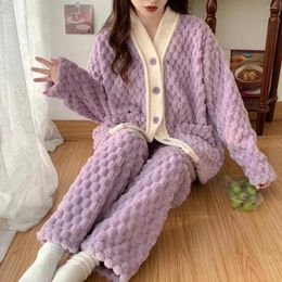 Women's Sleepwear Coral Fleece Pyjama Sets Women Winter Flannel Thick Pijamas Casual Homewear Girls Purple Pyjamas Suit 2Pcs/Set Lo