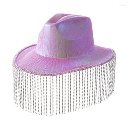 Berets Cowboy Hat Women Holographic Wide Brim Western Style Cowgirl With Rhinestone Fringe Halloween Party Music Festival Sparkly