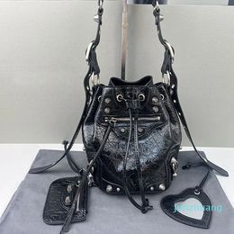 Motorcycle Bucket Bag Handbags Purse Drawstring Tote Bags Leather Detachable Zip Inner Pocket Women Crossbody Shoulder Bags