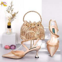 Dress Shoes Metal Chain Drawstring Mouth Full Diamond Handbag Fashion Exquisite Peach Pointy High Heels Party Style