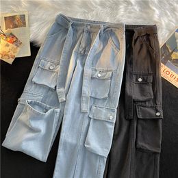 Men's Jeans For Men High Street Vintage Solid Colour Straight Cargo Trousers Streetwear Casual Spring Fashion Wide Leg Denim Pants B51