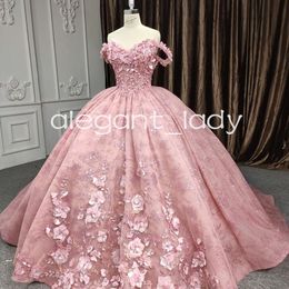 Rose Pink 3D Floral Quinceanera Dresses Off Shoulder Full Lace Chapel Train Applique Corset Prom vestido de debutante 15 anos