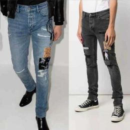 Jeans Mens Designer Trouser Legs Open Fork Tight Capris Denim Trousers Add Fleece Thicken Warm Slimming Jean Pants Brand Clothing Embroidery Printing VXEX