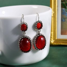 Dangle Earrings Vintage Bohemian Ethnic Oval Red Stone For Women Jewelry Antique Silver Color Tribal Drop