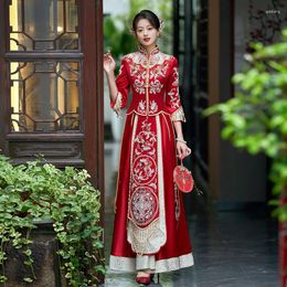 Ethnic Clothing Women Retro Chinese Wedding Dress Sequins Beading Embroidery Traditional Cheongsam Vintage Red Formal Qipao