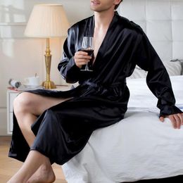 Men's Sleepwear Fashion Men Simulation Silk Bathrobe Solid Colour Comfortable Soft Satin Kimono Pyjamas Pocket Robe Nightwear Homewear