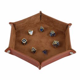 Storage Boxes Bins Rolling Folding Hexagon Dice Game Tray PU Leather Velvet Mat Holder Double Sided Thick Office Supplies Tools 230906