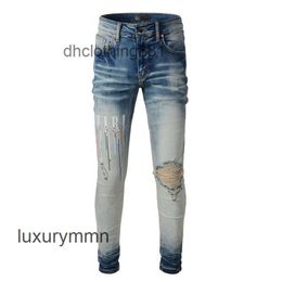 Jeans designer Amirrss Men worn hole print wash slim fit small leg jeans elastic men's hip hop net red retro pants UU6W