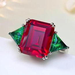 Cluster Rings KQDANCE 925 Sterling Silver Emerlad Green And Rectangle 10 12mm Lab Created Ruby Gemstone High Carbon Diamond Fine Jewelry