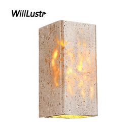 Yellow Travertine Wall Lamp Marble Sconce Courtyard Villa Garden Balcony Homestay Cube Cuboid Outdoor Waterproof Stone Lighting