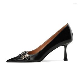 Dress Shoes Sexy Thin High Heels Genuine Leather Women Pumps Fashion Metal Buckle Pointed Toe Woman Nude Party Basic