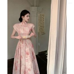 Ethnic Clothing 2023 Chinese Style Improved Qipao Dress Summer French Waist Wrapped Women's Pink Daily Cheongsam