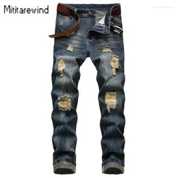 Men's Jeans Daily Casual Mens Trendy Ripped Washed Mid Waist Full Length Dark Blue Straight Slim Simple Versatile Pants