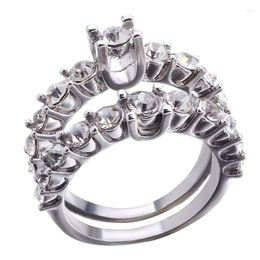 Cluster Rings 2Pcs/set 4 Claw Cubic Zirconia Wedding/Engagement For Women Silver Color Women's Ring Jewelry