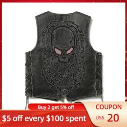 Men's Vests Vintage Black Skulls Embroidery Leather Vest Men Motorcycle Style Plus Size 5XL Genuine Natural Cowhide Spring Slim Fit Coat