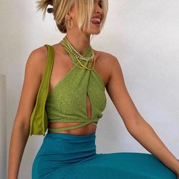 Women's Tanks 2023 Autumn Women Fashion Slim Halter Sleeveless Lace Up Clothing Green Lady Casual Crop Top Solid Sexy Hollow Out Tank