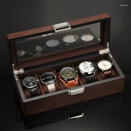 Watch Boxes 5 Slots Solid Wood Box Organiser With Glass Window Brown Holder Collection Case Storage For Men Gift