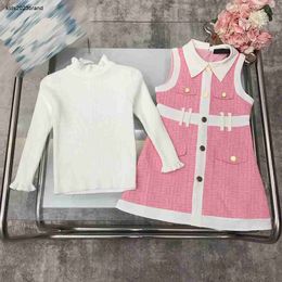 abiti per ragazze tute moda Set autunnali per bambini Taglia 100-150 CM Maglione lavorato a maglia bianco puro e abito senza maniche con risvolto Sep01