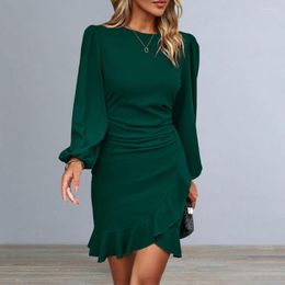 Casual Dresses Womens Mini Dress With Flared Long Sleeve Crew Neck Solid Color Irregular Ruffle Hem Office Lady Short