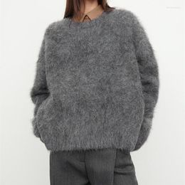 Women's Sweaters Grey Furry Sweater Loose Alpaca Blend O-neck Simple Early Autumn 2023 Female Long Sleeve Jumper