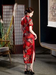 Ethnic Clothing Elegant Summer Long Slim Silk Red Cheongsam Catwalk Fashion Banquet Qipao Chinese Style Evening Wedding Dress For Women
