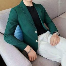 Men's Suits Waffle Blazer For Casual Autumn Fashion High-end Slim Temperament Small Suit Top Jacket Tunic Men Clothes Korean Coffee