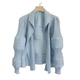 Womens Jackets ALSEY Miyake Pleated Fashion Casual Polo Collar Suit Thin Coat Loose Puff Sleeve Cardigan Solid Color Top Jacket Blusas 230906