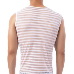 Men's Tank Tops Horizontal Strip Vest Men's Breathable Transparent Character Elastic Nylon Fashion Horizontal Strip Narr292M