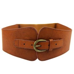 Vintage Women Faux Leather Buckle Elastic Wide Belt Strap Solid Colour All-match Waistband Corset Buckle for Clothing Accessories