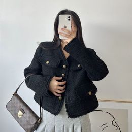 Women's Wool Blends Elegant Korean Black Plaid Tweed Jacket Women Fall Fashion Fringe Single Breasted V Neck Crop Coat All Match Office Lady Outwear 230905