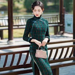Ethnic Clothing Elegant Winter Wool Collar Chinese Style Plaid Stand Women's Green Cheongsam Qipao Dress Traditional