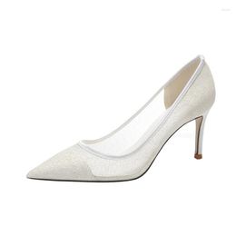 Dress Shoes Mesh Pointed High Heels For Women 2023 Sexy Lace White Wedding Banquet Champagne Bridesmaid