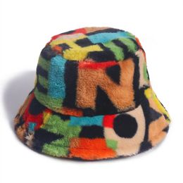 New Rainbow Faux Fur Bucket Hat For Women Girl Soft Warm Fishing Cap Fisherman Gorros Outdoor Travel Cap Winter Lady Gifts282h