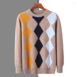 Men's Sweaters 2023 Autumn Winter Clothes Round Neck Diamond Shaped Contrast Mink Fleece Sweater Thickened Pullover Jumper